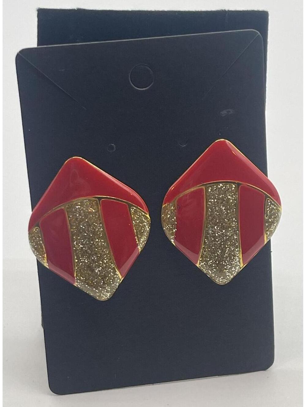 Vintage Red and Gold Glitter Metal Earrings-Straight From the 1980s